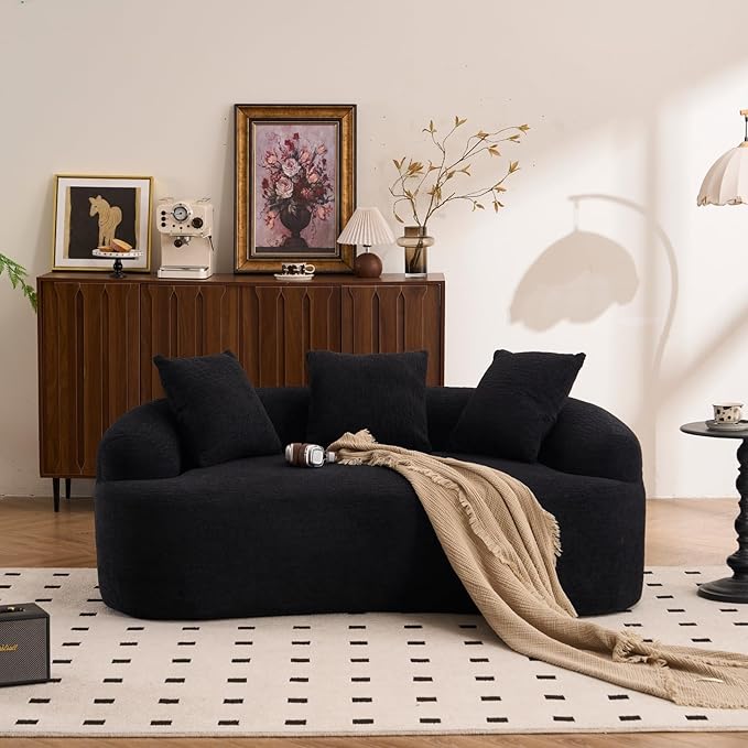 65 Curved Loveseat for Small SpacesBoneless Loveseat SofaWood Grain Chenille Fabric No Installation Requirement Curved Sofa Couch for ApartmentLiving RoomOffice (Black65)