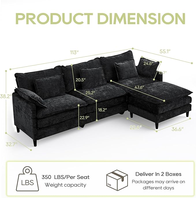 113 Chenille Modular Sectional Sofa Convertible L Shaped Modular Sofa Comfy Cloud Couch with Ottoman Side Pockets and 5 Throw Pillows for Living Room (Black 113'' - 4 Seat)