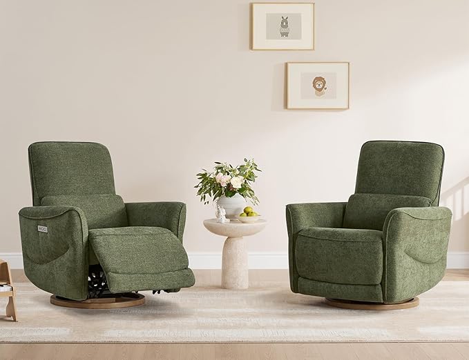 CHITA Power Nursery Rocking Chair Swivel Glider Recliner Chair with Solid Wood Base Bulit-in USB &amp Type-C Charging Ports for Living Room FSC Certified Moss Green
