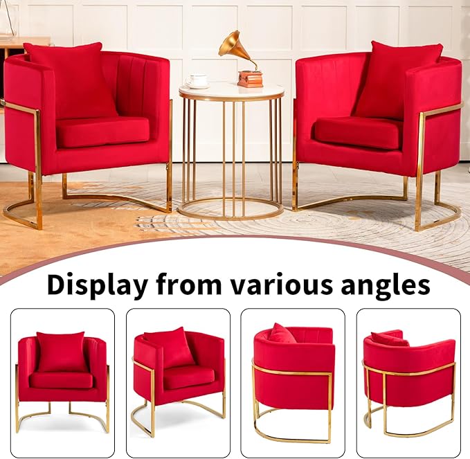 Modern Velvet Accent Chair with Lumbar Pillow Mid-Century Upholstered Barrel Armchair for Living Room Bedroom Single Sofa Club Reception Chair with Golden Metal Legs Rose Red