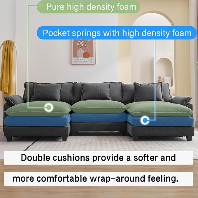 Sectional Sofa Comfy Cloud Couch for Living Room with Pillows Modern Velvet Sofa Sleeper Deep Couches with Two Ottoman (Grey 5-Seat)