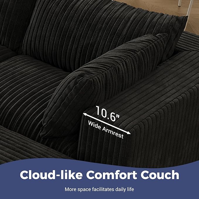 Modular Boneless Sofa with Ottoman 78.8 Loveseat Cloud Sectional Couches for Living Room Deep Seat Corduroy Upholstered Couch Furniture Set No Assembly Required(Black Loveseat+1 Ottoman)
