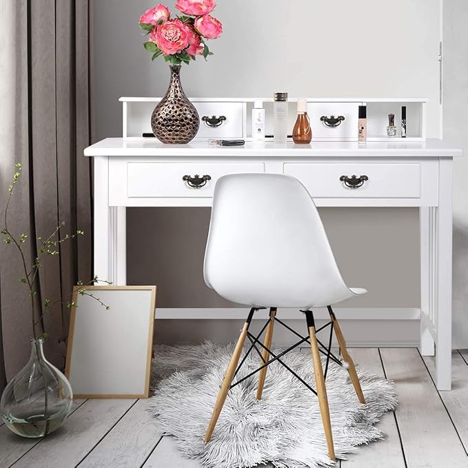 LDAILY Moccha Writing Desk with 4 Drawers Solid Pine Wood Legs Makeup Vanity Dressing 2-Tier Hutch Removable Floating Organizer Console Table Home Office Computer Spacious Work Station White