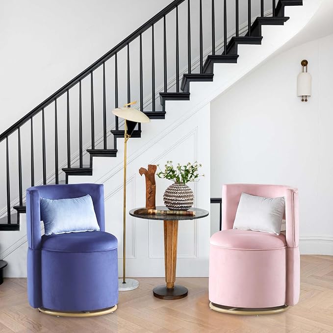Vantiy Chair with Storage Round Velvet Chair with Tufted Button and Hollowed Back Back Cushion Included (Blue)