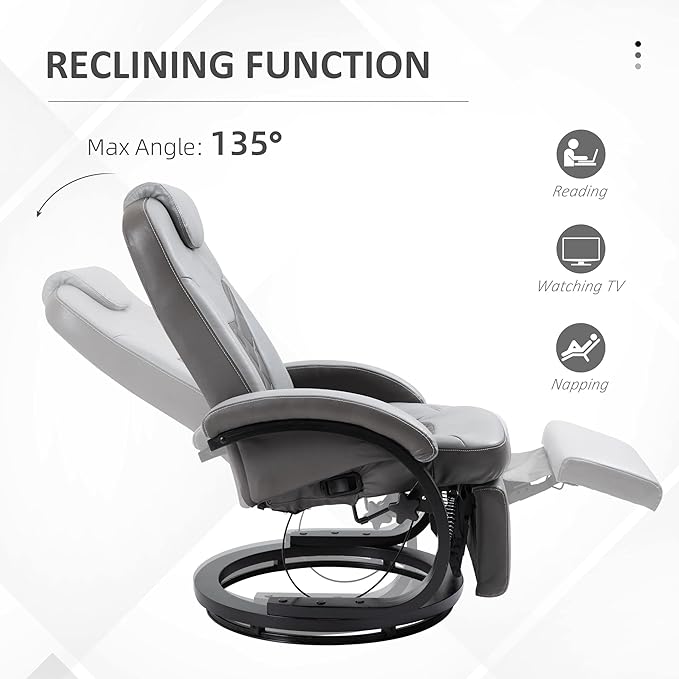 HOMCOM Faux Leather Manual Recliner Adjustable Swivel Lounge Chair Armchair with Footrest and Round Base for Living Room Gray