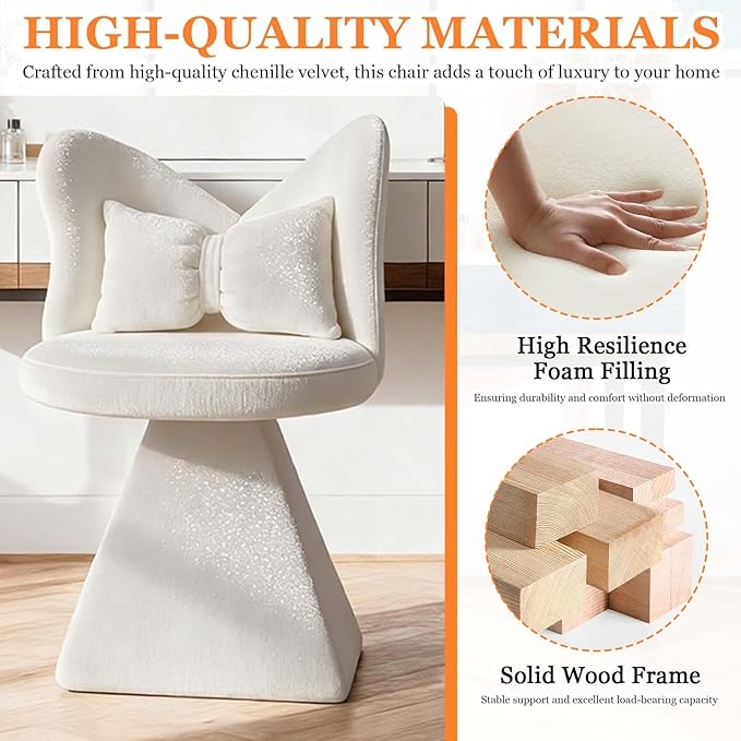 360° Swivel Vanity Chair with Back and PillowChenille Comfy Makeup Chairs for VanityWhite Modern Desk Chair No Wheels for BedroomLiving Room (White)