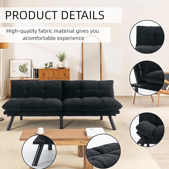 71-inch Microfiber Upholstered Futon Sofa Bed - 2 Seats Adjustable Arms/Back Iron Legs | Convertible to Sleeper for Main Living Spaces Bedrooms Offices (Black+2Seat)