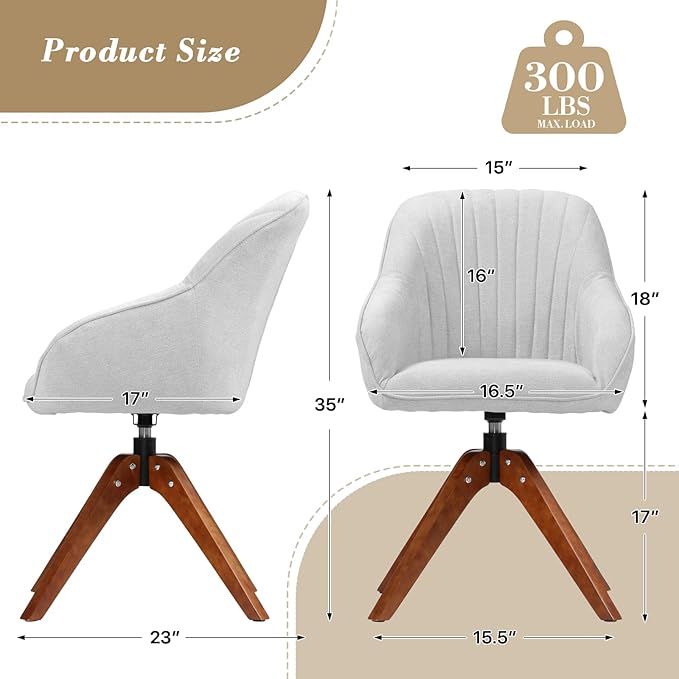 Athena Collection Swivel Modern Accent Chair Linen Upholstered Armchair Office Desk Chair No Wheels with Wooden Legs Comfy Vanity Chair Reading Chair for Bedroom Living Room Gray