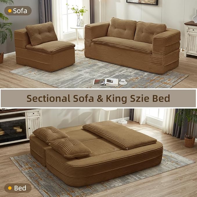 2 Pieces Sofa and loveseat Set Convertible Queen Sleeper Couch Bed for Living Room Foam Folding Futon Love seat Sofa Button Tufted Upholstered Furniture No Assembly Couches for Bedroom Camel