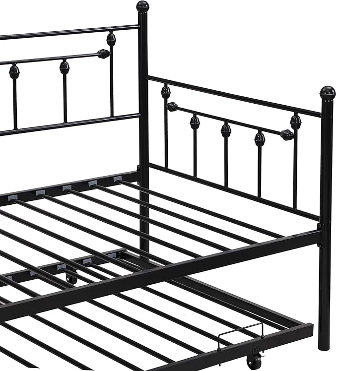 Convertible Modern Twin Size Metal Daybed Couch Pull Out Trundle Sofa Bed 2 in 1 Convertible Sleeper Daybed Sofa Bed Frame for Bedroom Living Room Guest Room Office Black One Size