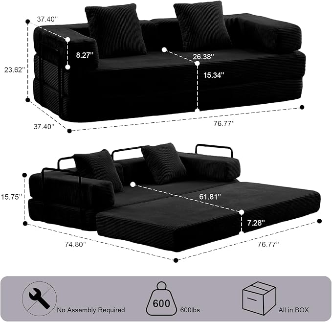 Convertible Sleeper Sofa Bed Compression Folding Sofa with Pillow No Assembly Required Shape Frame Floor Sofas Lounge Couch for Living Room Bedroom Small Spaces(Corduroy 77''W Black)