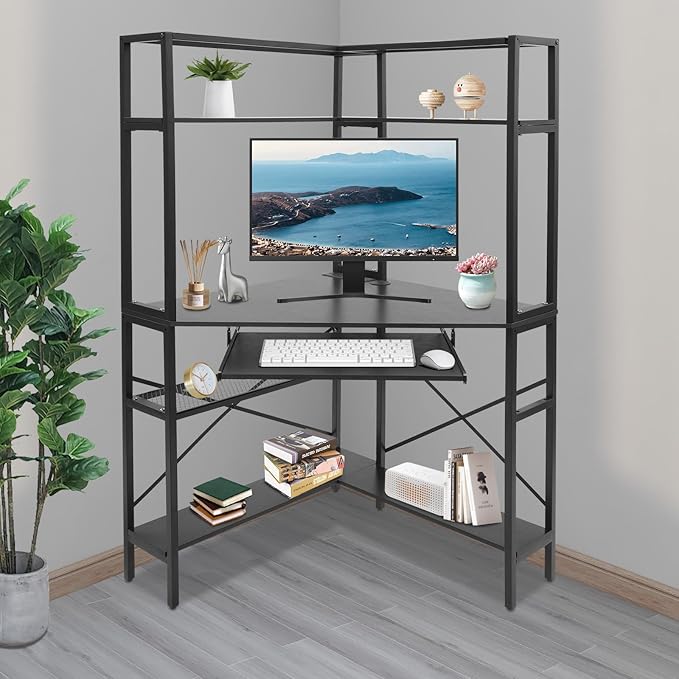 Corner Desk Triangle Corner Computer Desk with Keyboard Tray and USB Ports Small Computer Desk with Hutch and LED Lights ComputerDesk for Small Space Home Office Desk Black