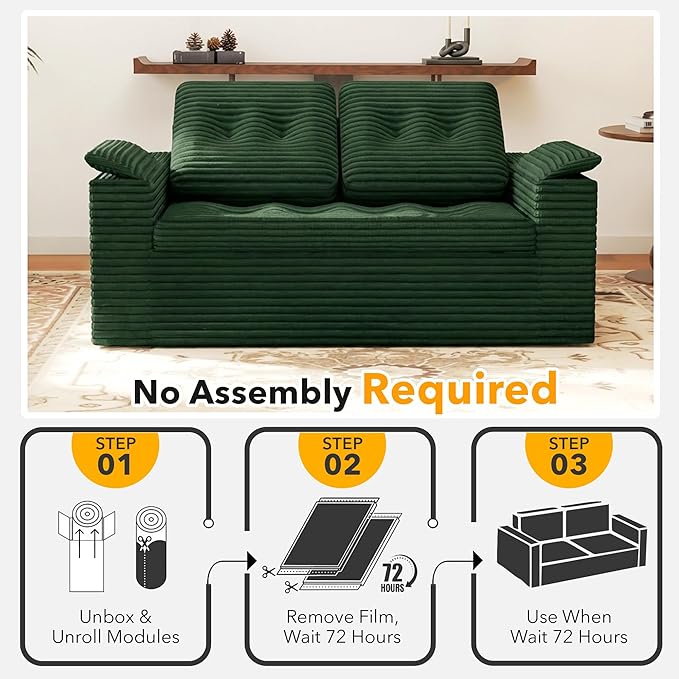 60in Loveseat Sofa Boneless Cloud Couch Sofa for Living Room 2 Seater Modern Lounge Sleeper Couch with Removable Cover Corduroy with Armrest Seat Cushion &amp Pillows for Small Spaces Green