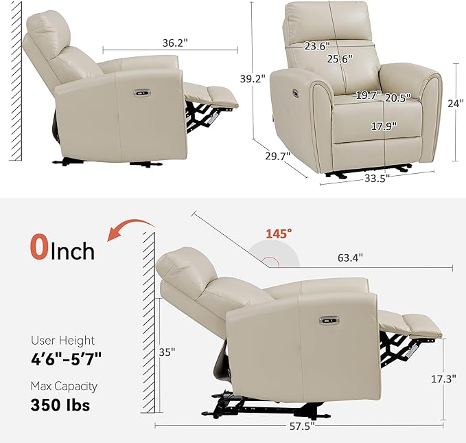 MCombo Power Small Recliners for Small Spaces Living Room RVs Modern Style Zero Wall Hugger Recliners Chair with Lumbar Support USB&ampCharging Ports FSC Certified Faux Leather PR699 (Beige)