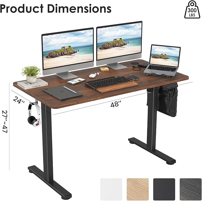48x24 Inches Electric Standing Desk Adjustable Height Wooden Sit Stand Desk Electric Capacity 300lbs Sit to Stand up Standing Computer Desk with Hooks for Home Office (Reddish Brown 48x24 Inches)