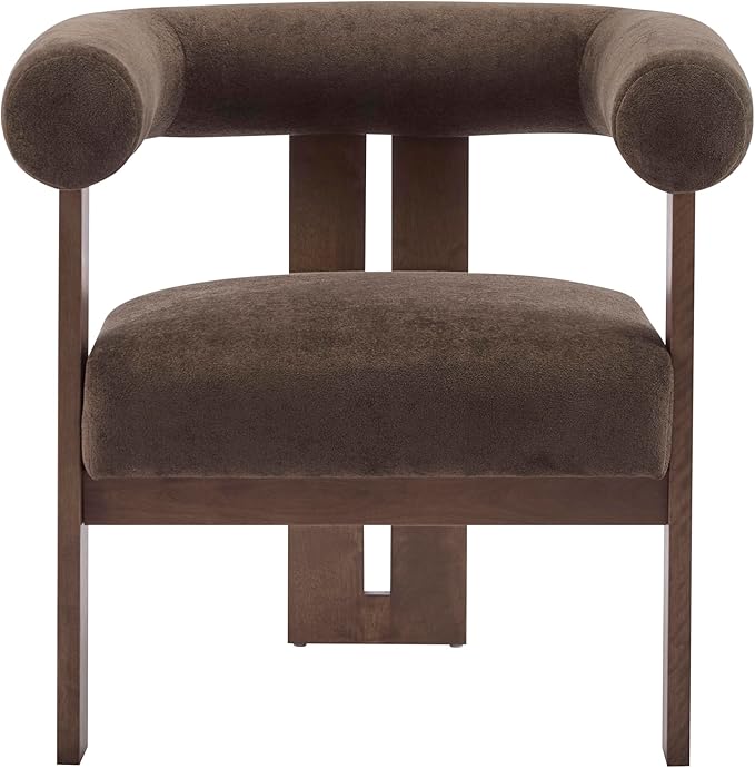 Christopher Knight Home Rones Modern Velvet Upholstered Accent Chair Wooden Living Room Club Chair with Curved Backrest Minimalist Bedroom Comfy Reading Chair Thick Padded Seat Dark Brown+Walnut