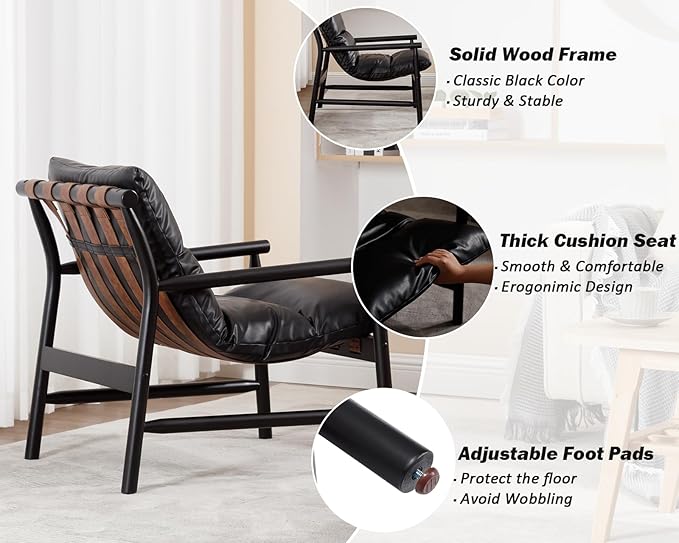 Mid Century Modern Sling Accent Chair Faux Leather Living Room Chair with Solid Wood Frame Comfy Upholstered Single Sofa Armchair for Lounge/Bedroom/Reading Black