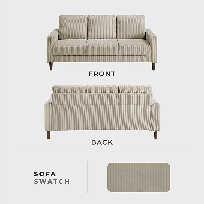 Lexicon Modern Sofa Corduroy Fabric Upholstered Living Room Sofa Couch with Brown Legs Track Arms Comfy Couch for Living Room/Bedroom/Apartment 3-Seater Taupe