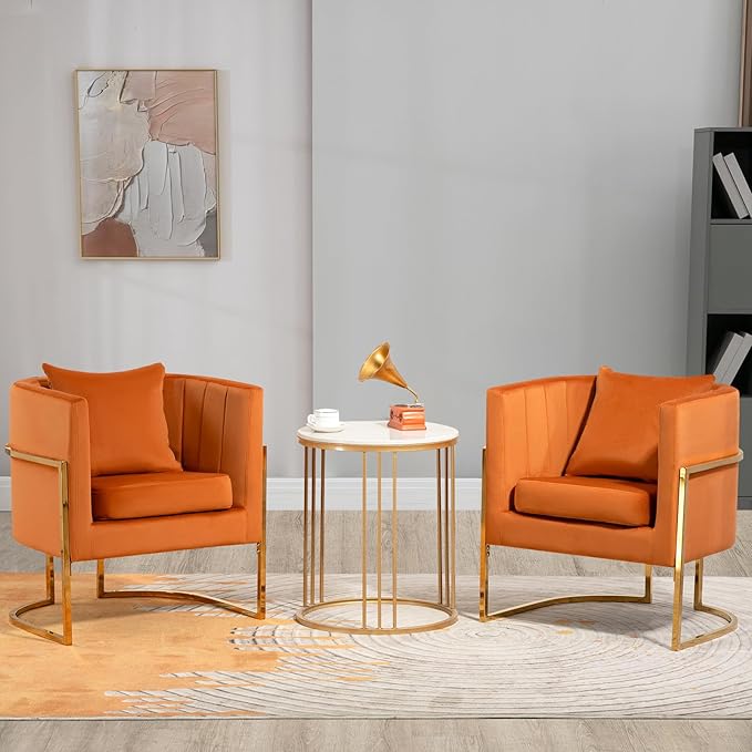 Velvet Modern Accent Chair Upholstered Barrel Armchair Mid Century with Pillow for Living Room Comfy Single Vanity Chair with Metal Gold Legs for Bedroom Orange