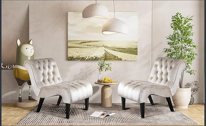 KINFFICT Velvet Accent Lounge Chair for Living Room Modern Leisure Chair with Tufted Backrest Indoor Armless Side Chair Upholstered Bedroom Sleeper Chairs with Solid Wood Legs