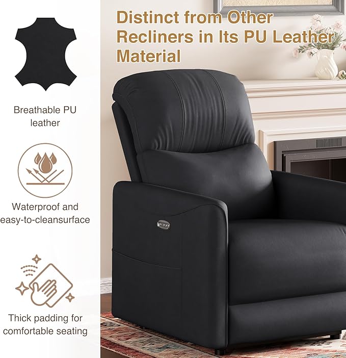 Power Recliner Chair Reclining Chair PU Leather Small Recliners for Small Spaces Infinite Position Electric Recliner Chairs for Adults Electric Recliners with USB Port &amp Side Pocket Black