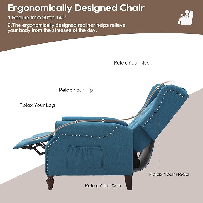 Wingback Recliner Chair with Massage and Heat Tufted Fabric Push Back Recliner Chair for Living Room Vintage Wingback Chair with Remote Control Padded Cushion Backrest Wooden Legs
