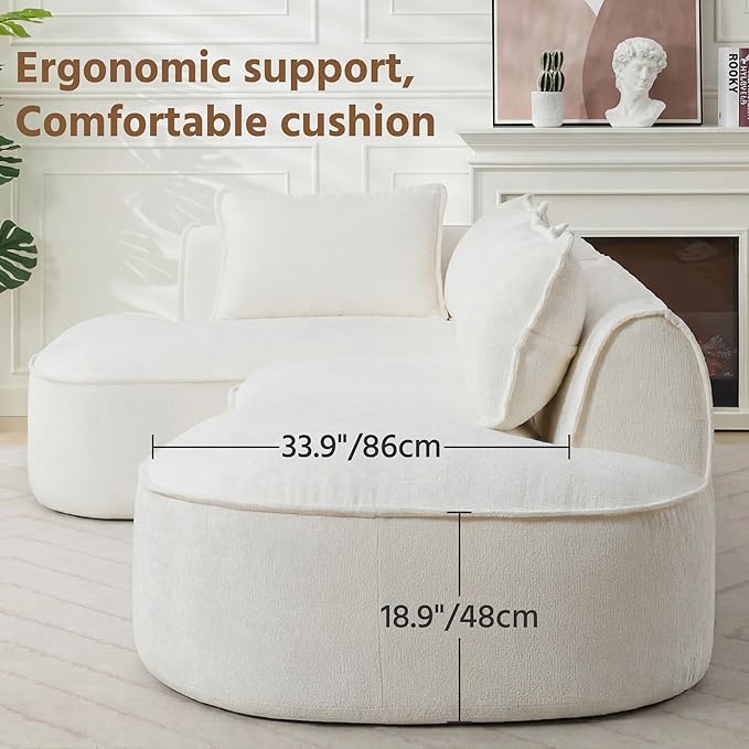 Modern Luxurious Oversized Boneless Couches Sectional Curved Sofa with 6 Pillows L-Shape Boneless Couch with Deep Seat High-Density Memory Foam No Assembly Required Chenille (White)
