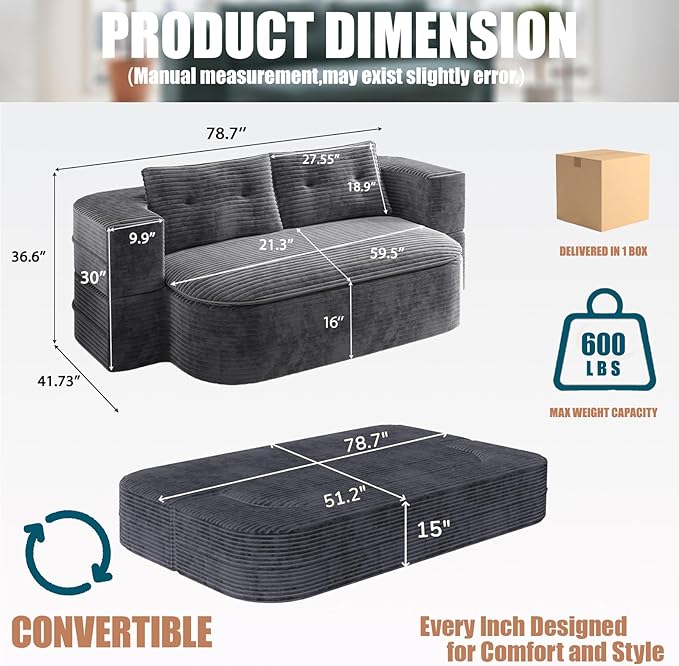 78.7-inch Folding futon Sofa Bed Full-Size Convertible Sleeper couch Bed Memory Sponge Double settee with Comfortable Mattress Suitable for Living Room and Guest Room (dark gray 78.7 inches)