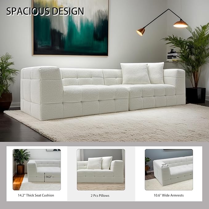 MEISIMAN 110”Modular Sectional Sofa Cloud Couch - Compressed Sofa Soft Teddy Fabric &amp Memory Foam Couch for Living Room No Assembly Required (White)