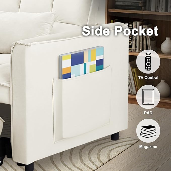 Convertible Sofa Bed 3 in 1 Sleeper Sofa with Adjustable Backrest Pull Out Couch Loveseat with 2 Pillows &amp Side Pockets for Living Room Bedroom Apartment 55 Velvet | Beige