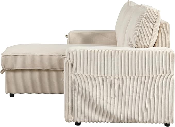Sleeper Sofa 96 Corduroy 2-in-1 Pull Out Sofa Bed Convertible Sofa Bed Couch with Storage Chaise L Shaped Sofa with Hidden Cup Holders 3 Seater Sofa for Living Room Apartments Beige