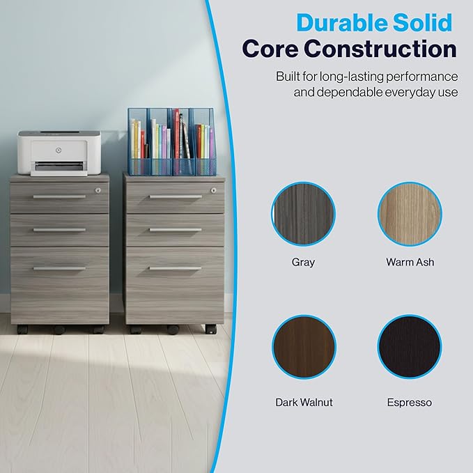 NBF Office Files Pedestal Cabinet - 3 Drawer File Cabinet with Lock - Laminate Office Filing Cabinets - Modern Mobile File Cabinet Document Storage (26 H Warm Ash)