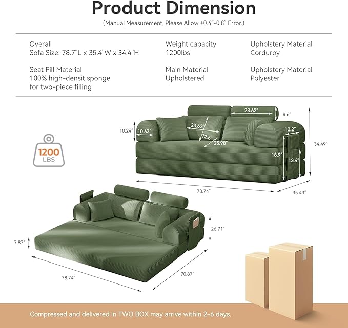 Upgraded 79 High Backrest Sofa Bed with Fixed Frame Corduroy Fabric Convertible Couch for Small Spaces Removable Armrests &amp Backrest No Assembly Required (High Backrest Olive Green) | Converti