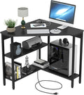 Auromie Corner Desk with Outlets &amp USB Ports 90 Degree Triangle Corner Table with CPU Stand &amp Storage Shelves for Small Space Computer Table with Charging Station for Home Office Bedroom (Bl