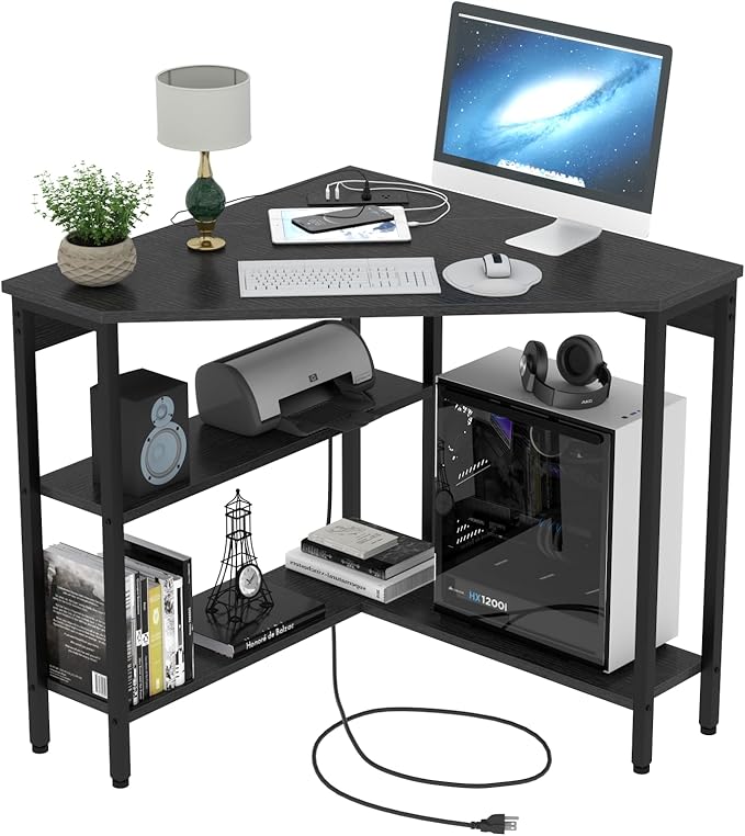 Auromie Corner Desk with Outlets &amp USB Ports 90 Degree Triangle Corner Table with CPU Stand &amp Storage Shelves for Small Space Computer Table with Charging Station for Home Office Bedroom (Bl