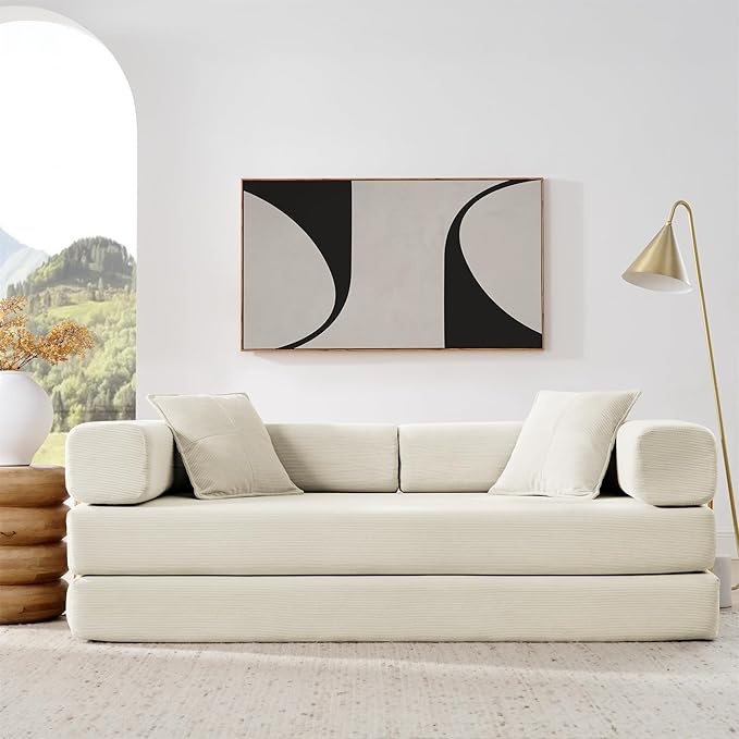 4-in-1 Folding Convertible Sofa Bed 78 Inch Boneless Couch with Fixed-Shape Frame Corduroy Loveseat Sleeper with Pull Out Bed Floor Sofa Modular Futon Couch for Living Room Bedroom Lounge (Beige)