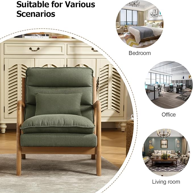 INZOY Mid Century Modern Accent Chair with Wood Frame Upholstered Reading Armchair with Waist Cushion Double Padded Accent Chair Side Chair for Living Room Bedroom Office Easy Assembly Green