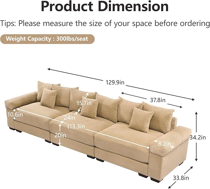KEIKI 130 Oversized Corduroy Modular Cloud Sectional Sofa with High-Density Foam Cushions Extra-Thick Armrest Upholstered Modern 3-Seater Fluffy Corner Couch with 9 Pillow for Living Room Camel