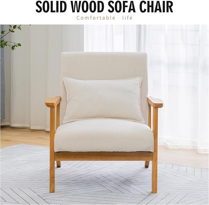 UNICOO - Mid-Century Modern Accent Chair Fabric Reading Armchair Easy Assembly Lounge Chair for Living Room Bedroom (U202-1 Nature + Beige)