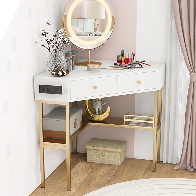 Corner Desk with Charging Station 90° Triangle Desk w/ 2 Drawers Storage Shelves Corner Vanity Table for Bedroom Compact Computer Desk for Small Space