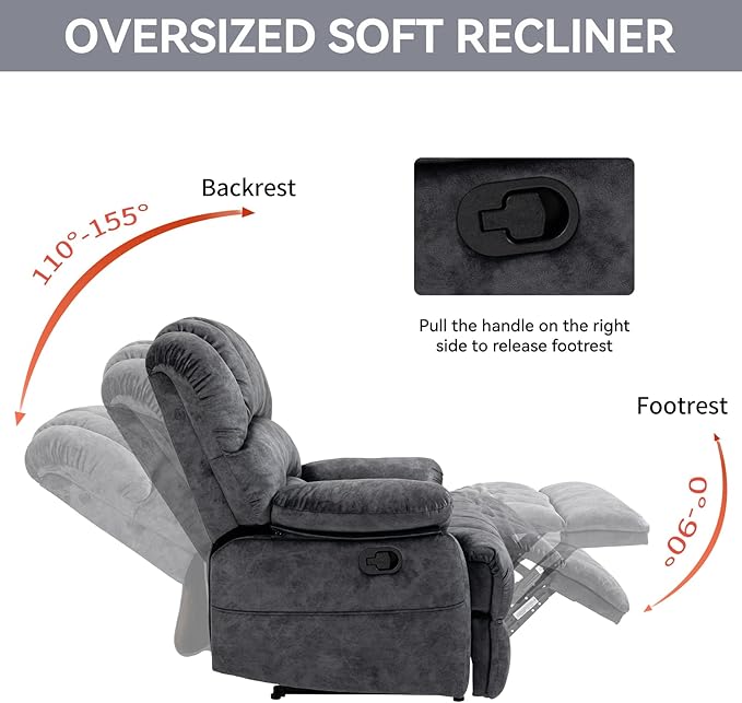 Large Manual Recliner Chair for Living Room Oversized Fabric Reclining Chair with Pillow Top Arms Cushion Back and Smooth Lever Control Heavy-Duty Metal Frame (Gray)