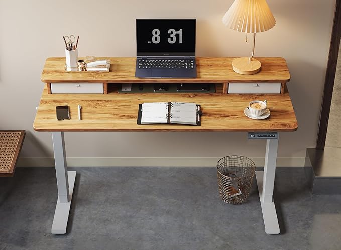 FEZIBO 40 x 24 Inch Height Adjustable Electric Standing Desk with Double Drawer Stand Up Desk with Storage Shelf Sit Stand Desk Light Rustic