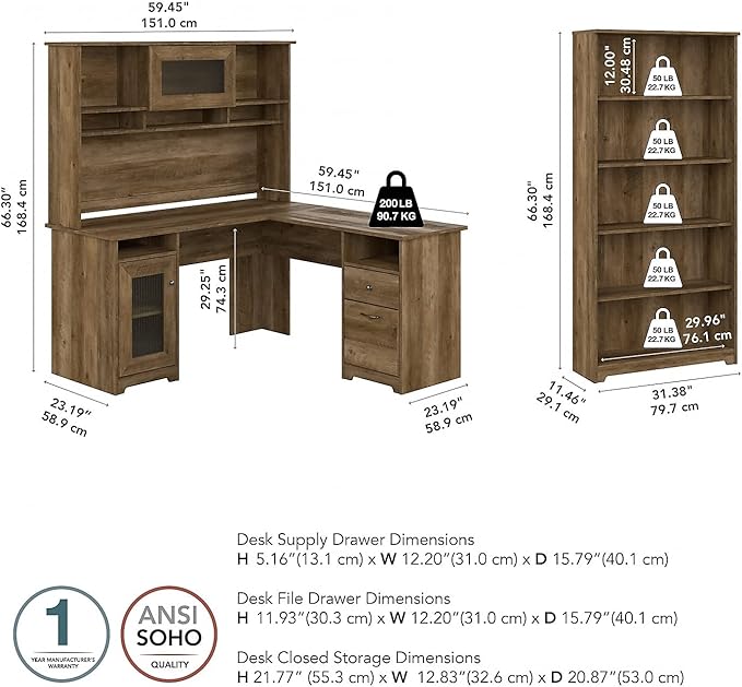 Bush Home Cabot 60W L Shaped Computer Desk with Hutch and 5 Shelf Bookcase in Reclaimed Pine