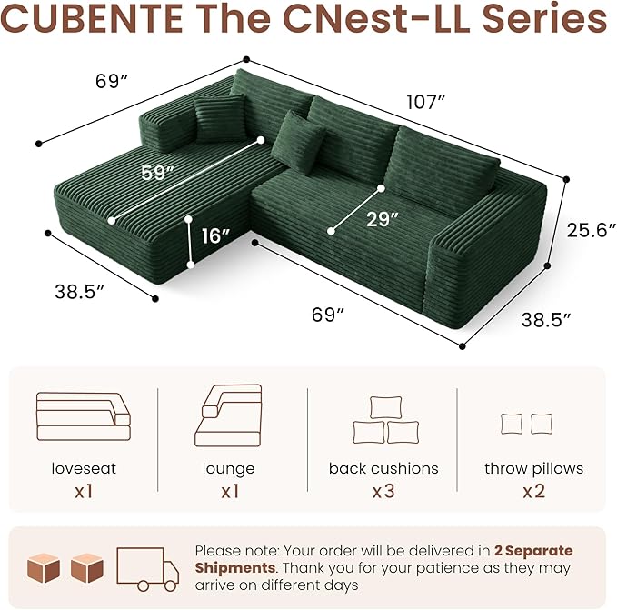Modular Sectional Couch | CNest-LL 107 Left-Facing L-Shaped Cloud Sofa with High-Density Foam Boneless Floor Couch Cozy Thickened Corduroy Couch 1400lbs Support | Emerald Green