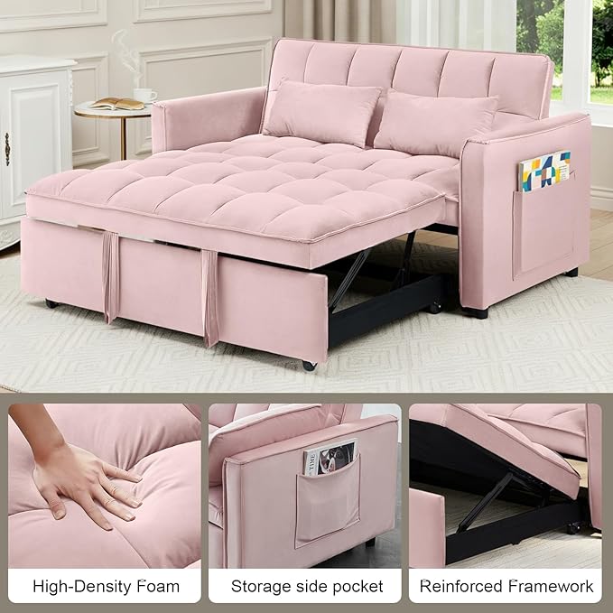 3 in 1 Folding Convertible Sofa Bed 55'' Pull Out Couch Bed with Side Pocket Velvet Fabric Loveseat Sleeper Sofa with Adjustable Backrest Easy AssemblyPerfect for Living Room Pink