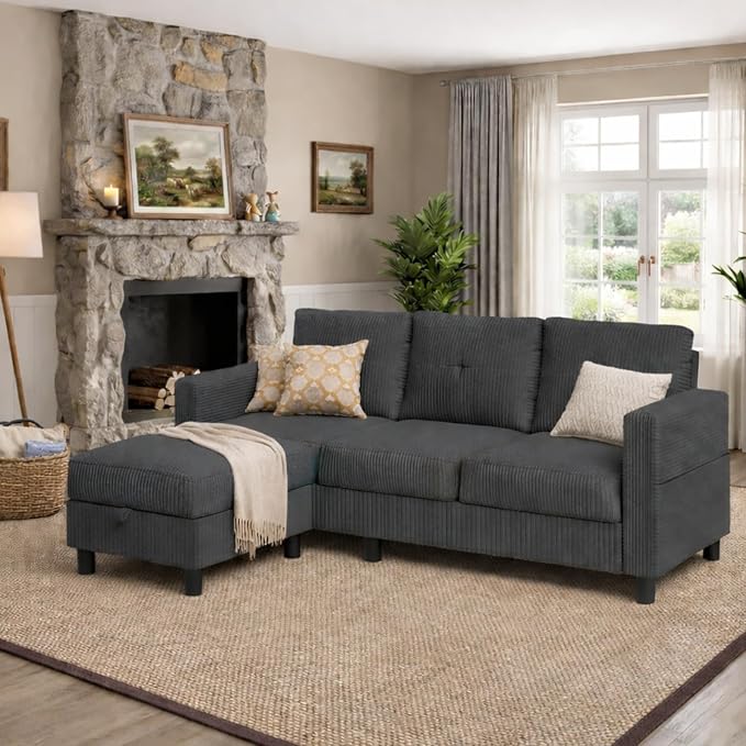 JAMFLY Convertible L-Shaped Sectional Sofa with Reversible Storage Ottoman 3-Seat Couch with Side Pockets Modern Compact Furniture for Small Apartments Studios &amp Lofts Grey