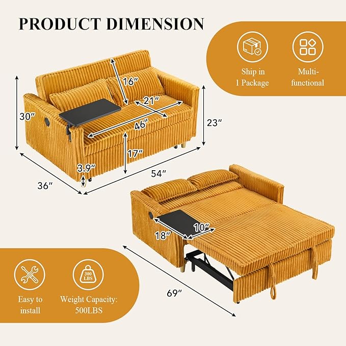 3 in 1 Pull Out CouchCorduroy Upholstered Convertible Sleeper Sofa Bed with Movable Side Table Modern Multifunctional Sofa with USB Port Cushioned Couch for Living Room (Yellow)