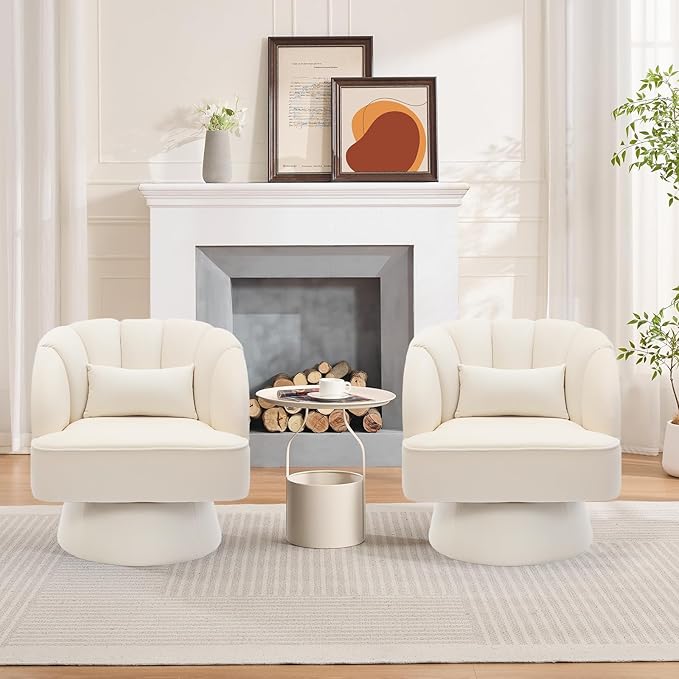 Swivel Accent Chair with Armrest Modern 360 Degree Swivel Round Lounge Chair with Curve Back and Cushion Comfy Upholstered Armchair Single Sofa for Living Room Bedroom Reading Room Beige 2PCS
