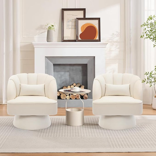 Swivel Accent Chair with Armrest Modern 360 Degree Swivel Round Lounge Chair with Curve Back and Cushion Comfy Upholstered Armchair Single Sofa for Living Room Bedroom Reading Room Beige 2PCS