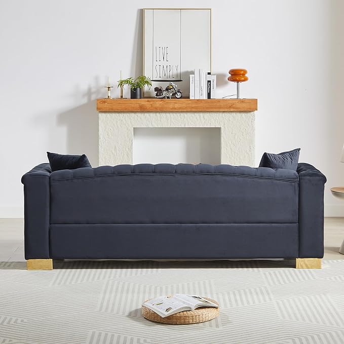 84 inch Chesterfield 3 Seater Sofa Oversized Mid Century Modern Sofa Couch with Gold Rivet Decoration Cloud Comfy Velvet Upholstered Button-Tufted Couch for Living Room Office Black
